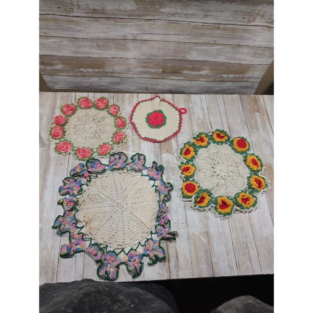 Vintage Handmade Crochet Doily Set 4pc Floral Rose Sunflower Lace Cottagecore